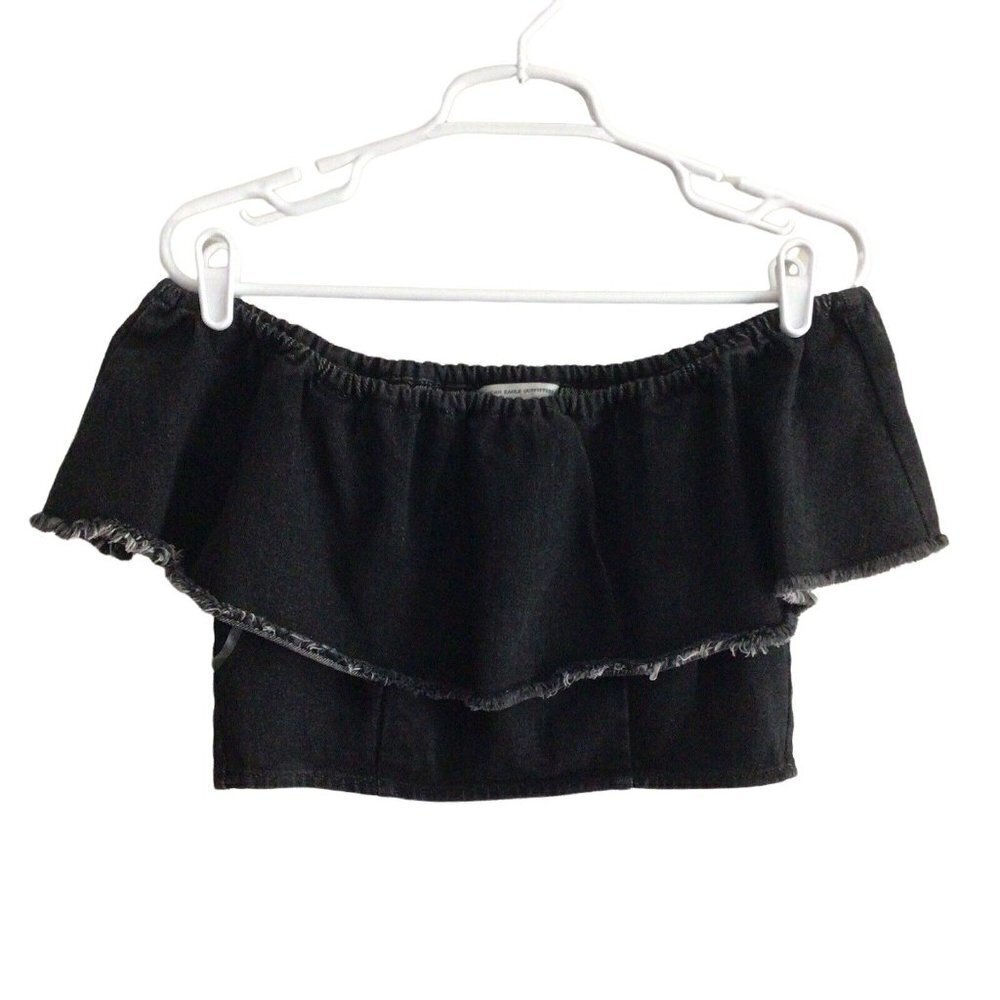American Eagle Women's Sz S Black Denim Fringe Trim Off the Shoulder Crop Top